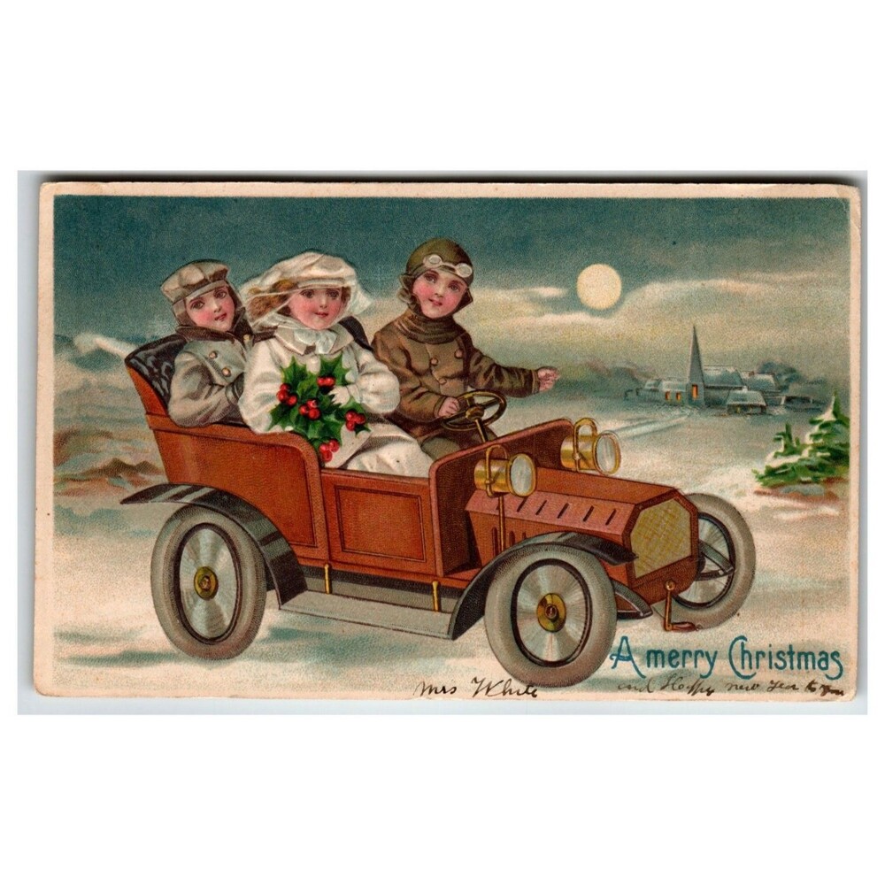 1908 Christmas Postcard Children in Early Auto Snowy Scene Embossed Germany
